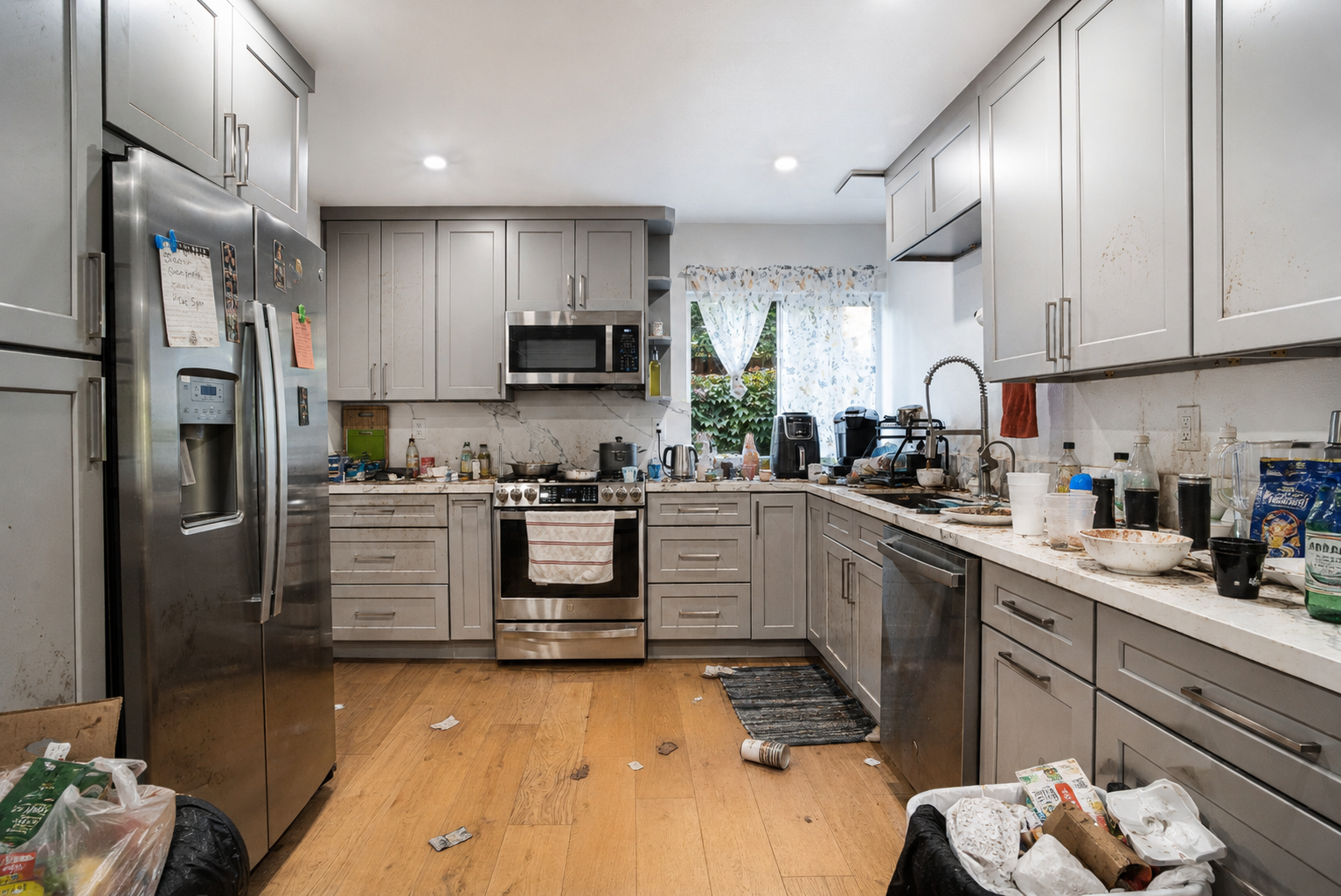 Messy Los Angeles kitchen with cluttered counters before Purple Check Cleaning